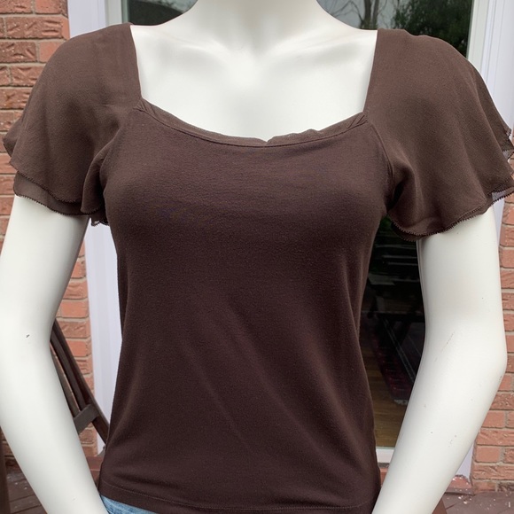 Lauren Raplh Lauren brown Rayon blouse top W Brown Sheer Flare Cap Sleeves US M - Picture 5 of 8